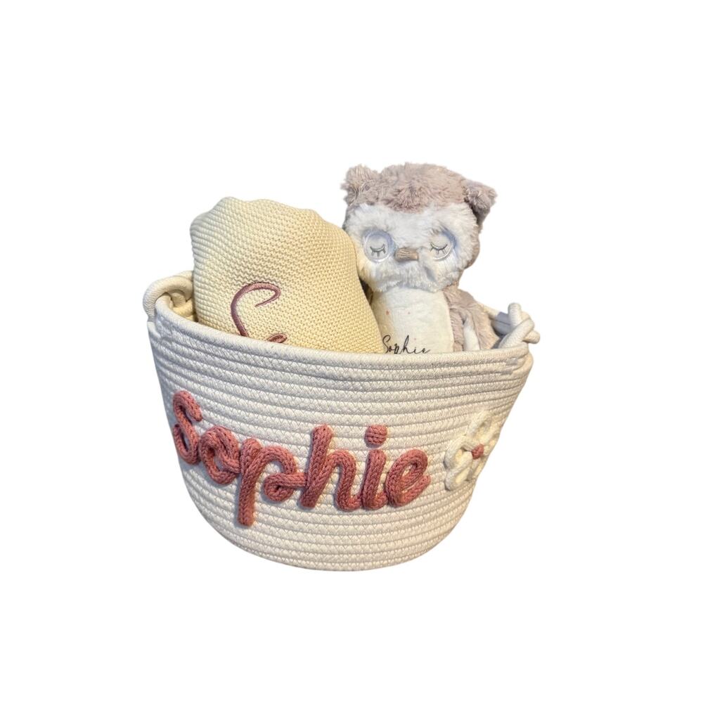 NWOT Personalized Baby Gift Set – “Sophie” Basket, Blanket & Plush Owl
